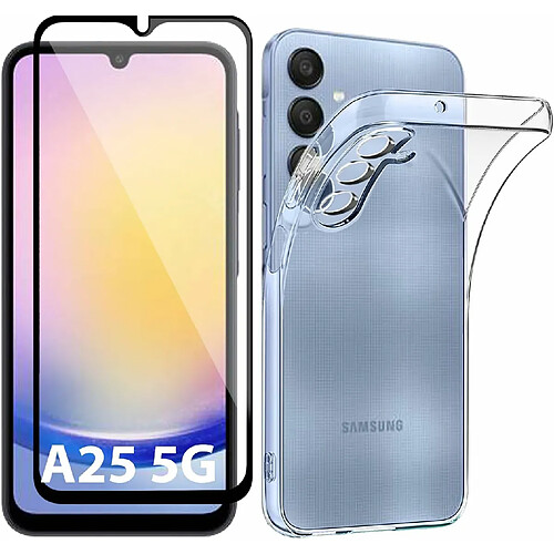 Xeptio Pack coque transparente en TPU et protection écran complet vitre full cover noir en verre trempé pour Samsung Galaxy A25 5G -