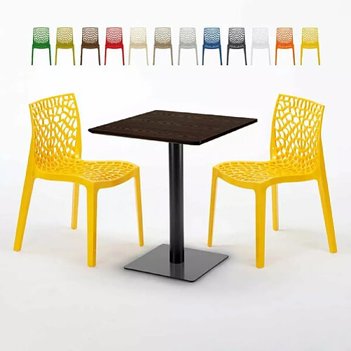 Grand Soleil Table carrée 60x60 pied noir et surface bois avec 2 chaises colorées Gruvyer Kiss - Jaune