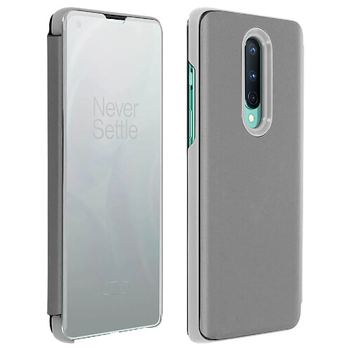 Avizar Housse OnePlus 8 Clapet Translucide Miroir Support Vidéo argent