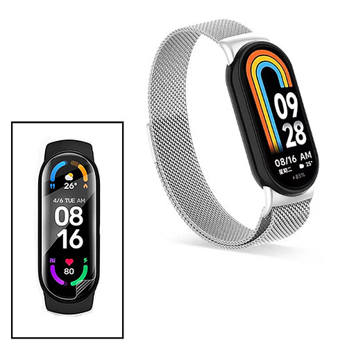 PHONECARE Kit Bracelet Milanese Loop Fermoir Magnétique + Film Protectora D'écran Gel Full Cover pour Xiaomi Mi Band 8 - Gris