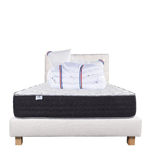 LUXURY LITERIE Ensemble matelas Sérénité 140x200 cm + sommier beige ep20cm + 2 oreillers + couette + Tête de Lit