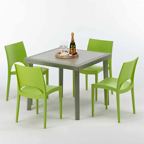 Grand Soleil Table carrée beige + 4 chaises colorées Poly rotin synthétique Elegance, Chaises Modèle: Paris Vert