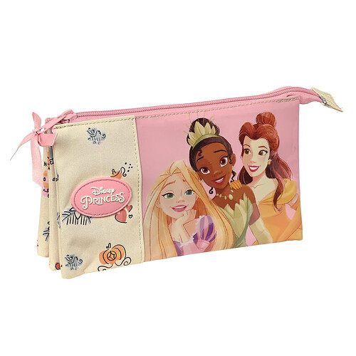 Trousse Fourre-Tout Triple Princesses Disney Magical Beige Rose (22 x 12 x 3 cm)