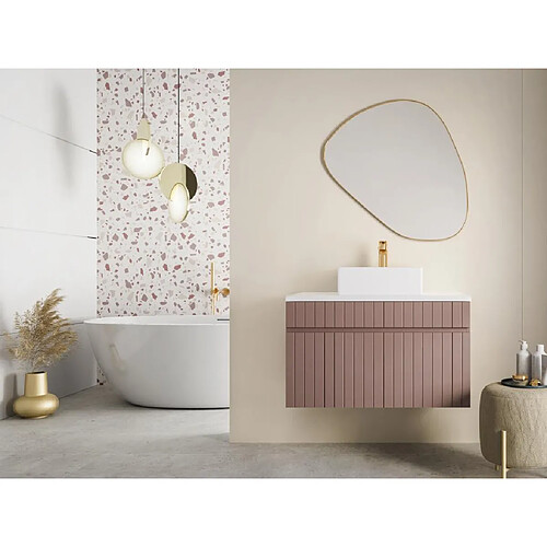 Vente-Unique Meuble de salle de bain suspendu strié rose avec vasque à poser - 80 cm - SATARA