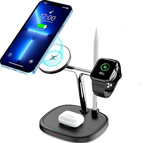 Chrono Chargeur sans fil, station de charge magnétique 4 en 1 pour iPhone 13/13 Pro/13 Pro Max/13 Mini/12/12 Pro/12 Pro Max/12 Mini, iWatch 6/5/4/3/2, AirPods 2/Pro , Apple Pencil,(noir)