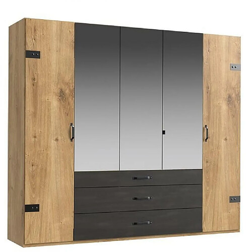 Inside 75 Armoire PORTLAND style industriel 250 cm 5 portes 3 miroirs chêne poutre / graphite