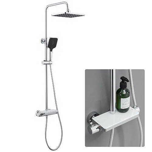 Lonheo max Colonne de Douche 38°C Thermostatique Chromé + Etagères en Verre Trempé + Douchette à Main 3 Types de Jets + Douche de Tête