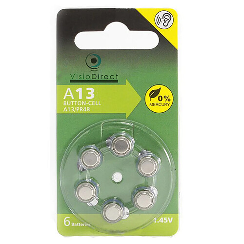 Visiodirect Lot de 6 Piles bouton Zinc Air Type 13 pour appareils auditifs type A13/13 compatibles PR48 1,45V