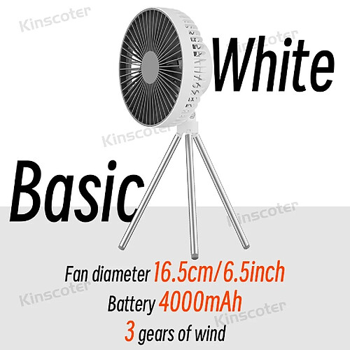 (Blanc de Base) Ventilateur de Camping 10000mAh 4000mAh Circulateur Portable de Bureau Rechargeable Ventilateur Électrique de Plafond sans Fil avec Éclairage LED de Banque d'Alimentation