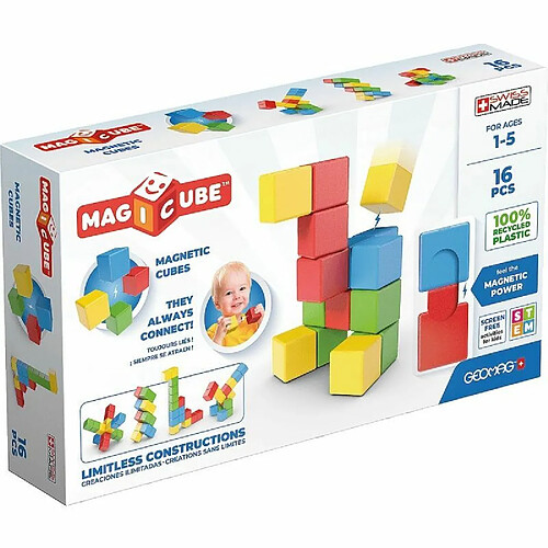 Geomag - Magicube Full Color - Cubes Magnétiques à Empiler pour Bébé d'1 an et plus - 4 couleurs - 16 Blocs de Construction- 100% Plastique Recyclé