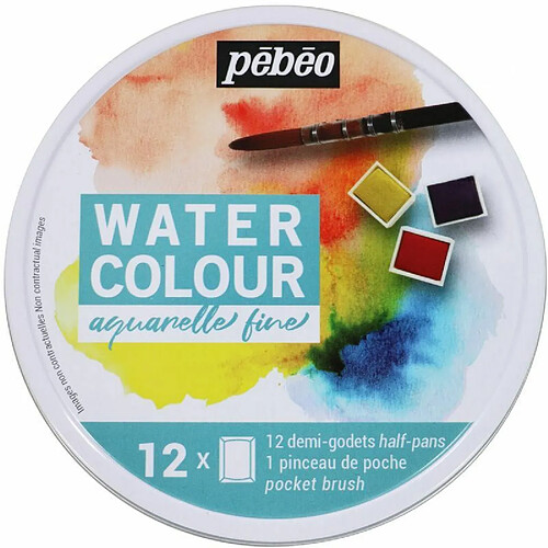 Pebeo Boîte ronde de 12 demi-godets aquarelle + pinceau à eau