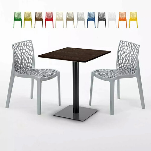 Grand Soleil Table carrée 60x60 pied noir et surface bois avec 2 chaises colorées Gruvyer Kiss - Gris