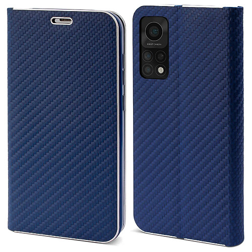 Moozy Étui Portefeuille pour Xiaomi Mi 10T 5G et Mi 10T Pro 5G, Bleu Foncé Carbone - Protection des Bords Métalliques Fermeture Magnétique Flip Cover avec Porte-Cartes