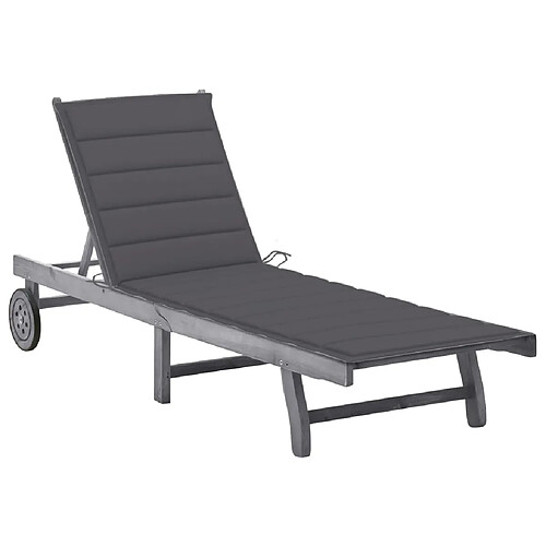 Helloshop26 Transat chaise longue bain de soleil lit de jardin terrasse meuble d'extérieur avec coussin gris bois d'acacia solide 02_0012477