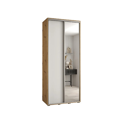 Abiks Meble Armoire à portes coulissantes Davos 3 H235.2 x L100 x P45 2 portes coulissante (Chêne artisan/Blanc/Argent)