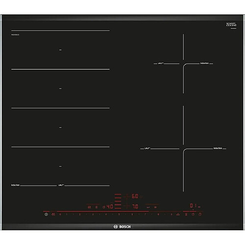 Bosch PXE675DC1E plaque Noir, Acier inoxydable Intégré (placement) Plaque avec zone à induction 4 zone(s)