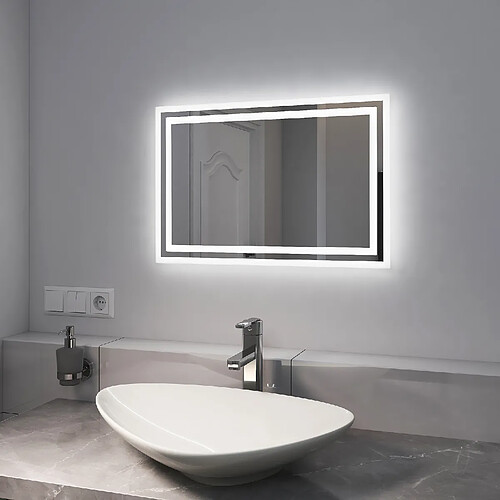 EMKE Miroir salle de bains avec Interrupteur à bouton, Anti-buée, Lumière Blanche Froide/Chaude | 60x40 cm