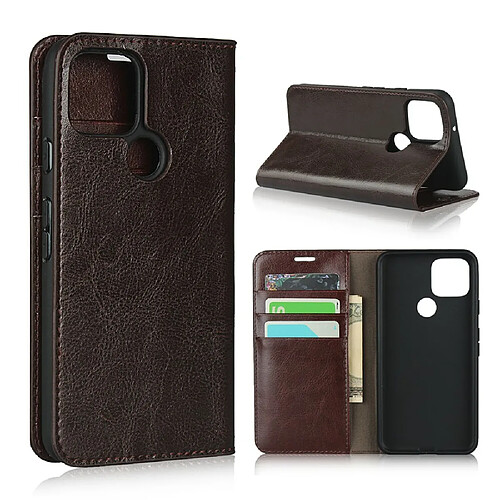 Etui en cuir véritable Cheval fou avec support marron foncé pour votre Google Pixel 5