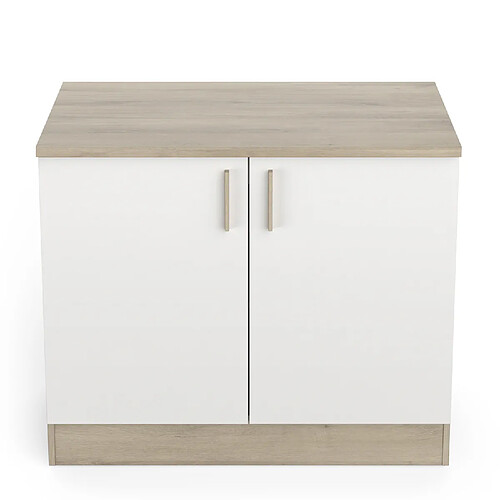 Pegane Meuble bas de cuisine coloris chêne kronberg, blanc - Longueur 100 x Hauteur 85 x Profondeur 60 cm