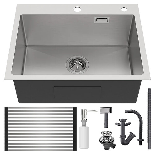 Auralum MAX Évier Cuisine 58*45*18CM, Lavabo Cuisine 1 Bac avec Égouttoir Enroulable et Distributeur de Savon, Inox brossé, Montage à Encastrer ou à Fleur