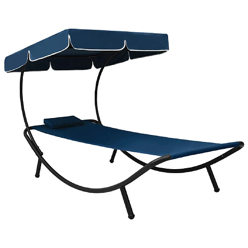 Helloshop26 Lit de repos transat chaise longue d'extérieur 200 cm avec auvent et oreiller bleu 02_0012005