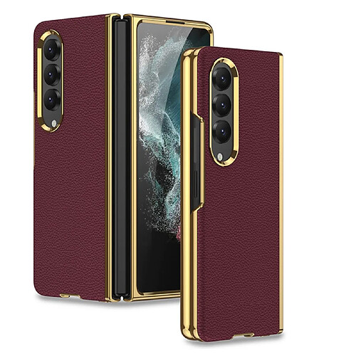 Coque en TPU + PU texture litchi, cadre électroplaqué courbé pour votre Samsung Galaxy Z Fold4 5G - rouge vin