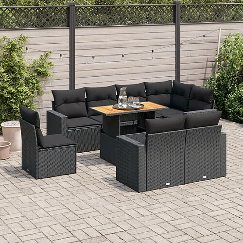 vidaXL Salon de jardin 9 pcs avec coussins noir résine tressée