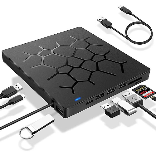 Lecteur DVD Externe, USB 3.0 CD Graveur DVD pour Ordinateurs Portables, Type-C CD/DVD ROM +/-RW Lecteur Optique, avec 4 Ports USB et 2 Emplacements pour Carte SD