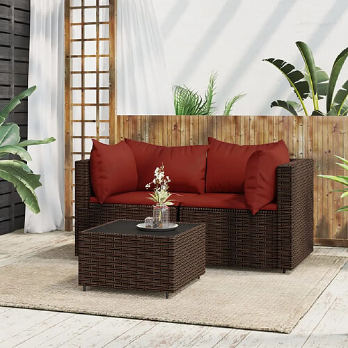 vidaXL Salon de jardin 3 pcs avec coussins marron résine tressée