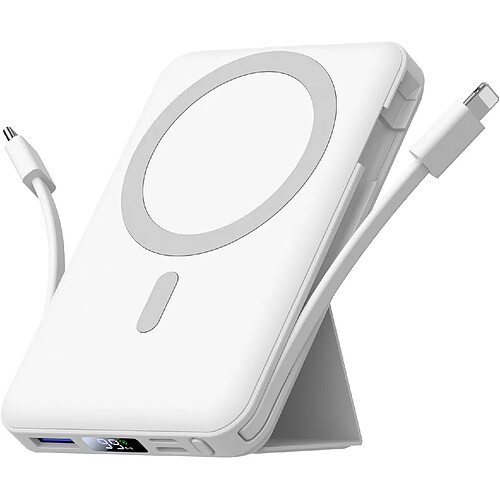 SANAG Power Bank 10 000 Mah Banque D'Alimentation Magnétique 22,5 W Pd Charge Rapide Avec Usb-C, Câble D'Éclairage Et Led, Batterie Sans Fil Avec Support Pour Iphone 15/14/13/12/Pro/ (Blanc)