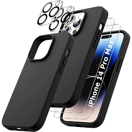 Coque Silicone Noir + Verres Trempes et Protections Camera Arriere X2 Pour iPhone 14 Pro Max Little Boutik®