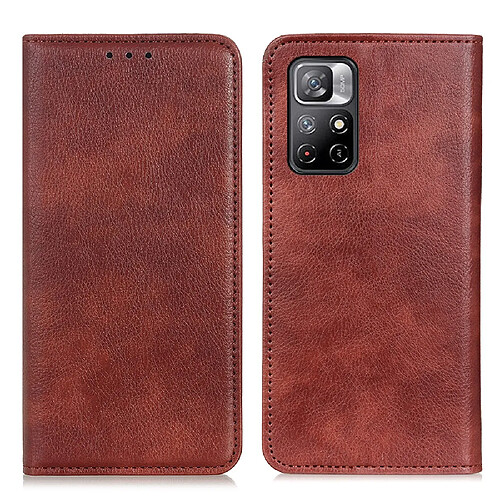 Etui en PU texture litchi, fermeture automatique magnétique avec support marron pour votre Xiaomi Redmi Note 11