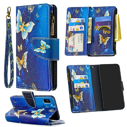 Etui en PU fermeture éclair à motifs avec 9 porte-cartes papillon cyan pour votre Samsung Galaxy A10/M10