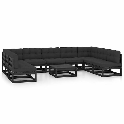 Maison Chic Salon de jardin 10 pcs + coussins - Mobilier/Meubles de jardin - Table et chaises d'extérieur Noir Bois de pin massif -MN24495