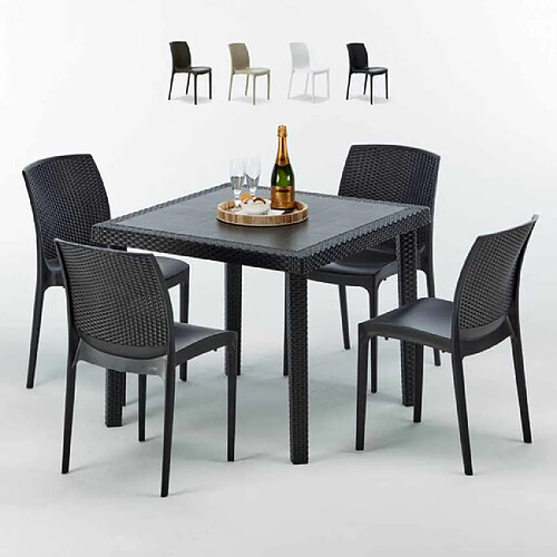 Table Carrée Noire 90x90cm Avec 4 Chaises Colorées Grand Soleil Set Extérieur Bar Café Boheme PASSION, Couleur: Noir