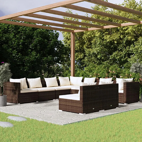 vidaXL Salon de jardin avec coussins 9 pcs marron résine tressée