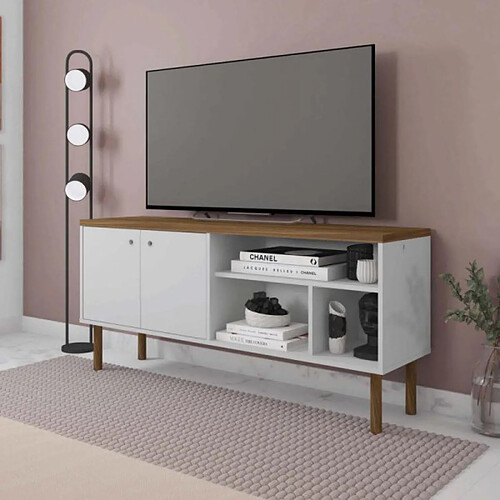 Dansmamaison Meuble TV 3 niches 2 portes Blanc/Bois - WASAN