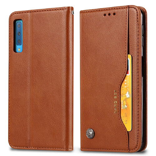 Wewoo Housse Coque Étui en cuir à rabat horizontal avec texture pour la peau Galaxy A50avec cadre photoporte-cartesemplacements cartes et porte-monnaie Marron