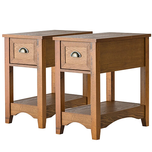 Helloshop26 Lot de 2 tables d'appoint table de chevet avec tiroir pieds en bois d'hévéa bout de canapé rétro pour chambre salon 56 x 33 x 58,5 cm bronzé 20_0005035