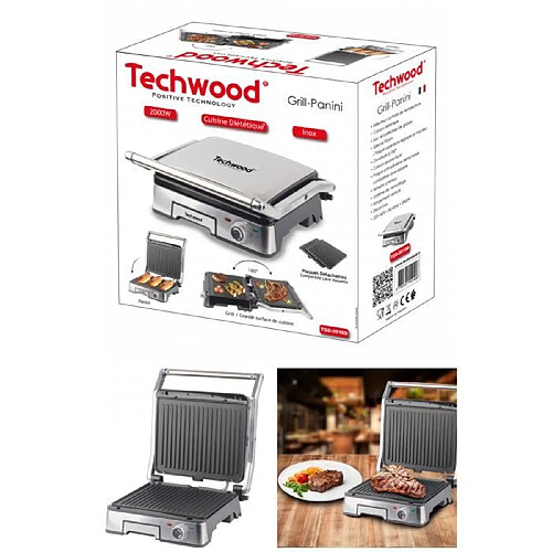 Techwood Grill - Panini Double face 180° 2000W Cuisson dietetique Ouverture a 180° anti-adhesive avec Temoins lumineux