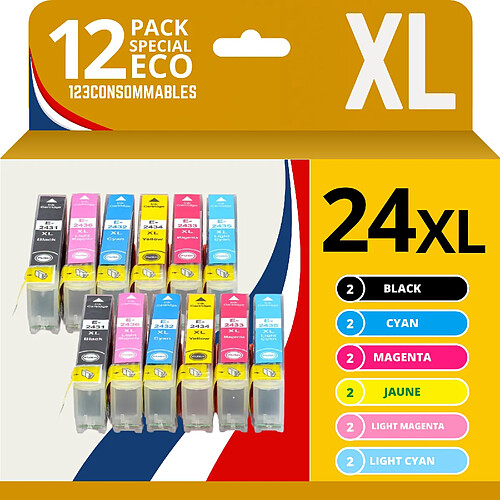 123CONSOMMABLES - 24XL - Cartouches d'encre Compatible pour Epson Expression Home XP-850 XP-750 XP-950 XP-55 XP-860 XP-760 XP-960 (2 BK / 2 C / 2 M / 2 Y / 2PC / 2PM)