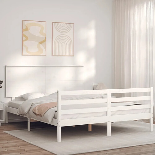 Maison Chic Lit adulte - Cadre Structure de lit avec tête de lit Contemporain blanc King Size bois massif -MN60953