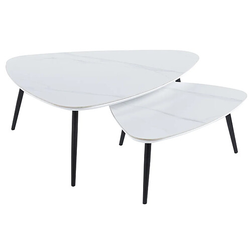 Pegane Table basse gigogne en céramique blanche, pieds en métal noir - Longueur 150 x profondeur 80 x hauteur 35 cm