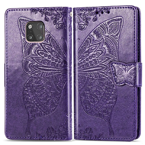 Wewoo Housse Coque Étui en cuir à rabat horizontal Butterfly Love Flowers pour Huawei Mate 20 Proavec support et emplacements de cartes et porte-monnaie violet foncé