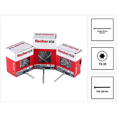 Fischer Vis pour panneaux de particules Power-Fast II FPF II 5.0x90 mm - 200 pièces (670385) tête fraisée + Filetage partiel Torx, galvanisée, passivée bleue