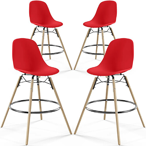 ICONIK INTERIOR Tabourets de Bar - Design Scandinave - Pieds en Bois - Lot de 4 - Skögur Rouge