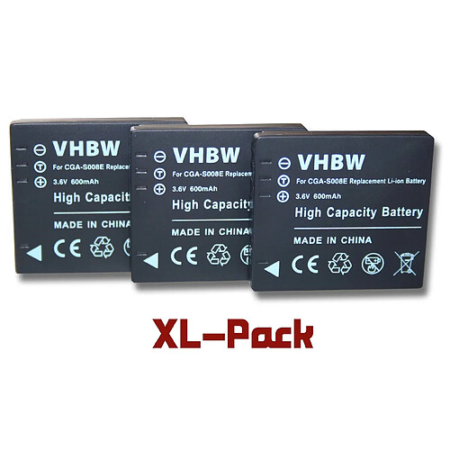 vhbw set 3 batteries 600 mAh appareil photo-caméscope Lumix DMC-FX30, DMC-FX33, DMC-FX35, DMC-FX37, DMC-FX500, DMC-FX55, DMC-FS3, DMC-FS5, DMC-FS20