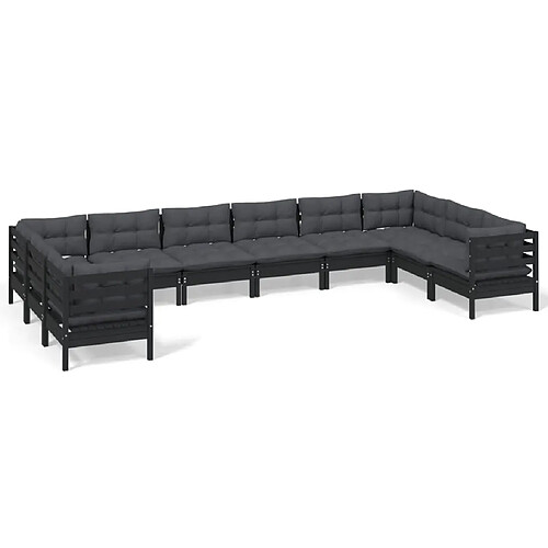 Maison Chic Salon de jardin 10 pcs + coussins - Mobilier/Meubles de jardin - Table et chaises d'extérieur Noir Bois de pin -MN87519