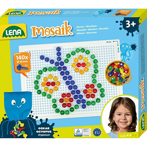 LENA 35621 ? Mosaïque enfichable avec 140 fiches Transparentes Ø 10 mm Jeu de mosaïque pour Enfants à partir de 3 Ans Kit Complet avec Plaque de Fixation env. 21 x 16 cm et Organiseur Multicolore