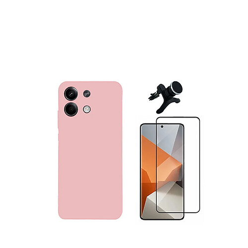 Kit de film en verre trempé de la couverture en 5D + boîtier en silicone liquide + porte-voiture renforcé Phonecare pour Xiaomi Redmi Note 13 Pro - rose